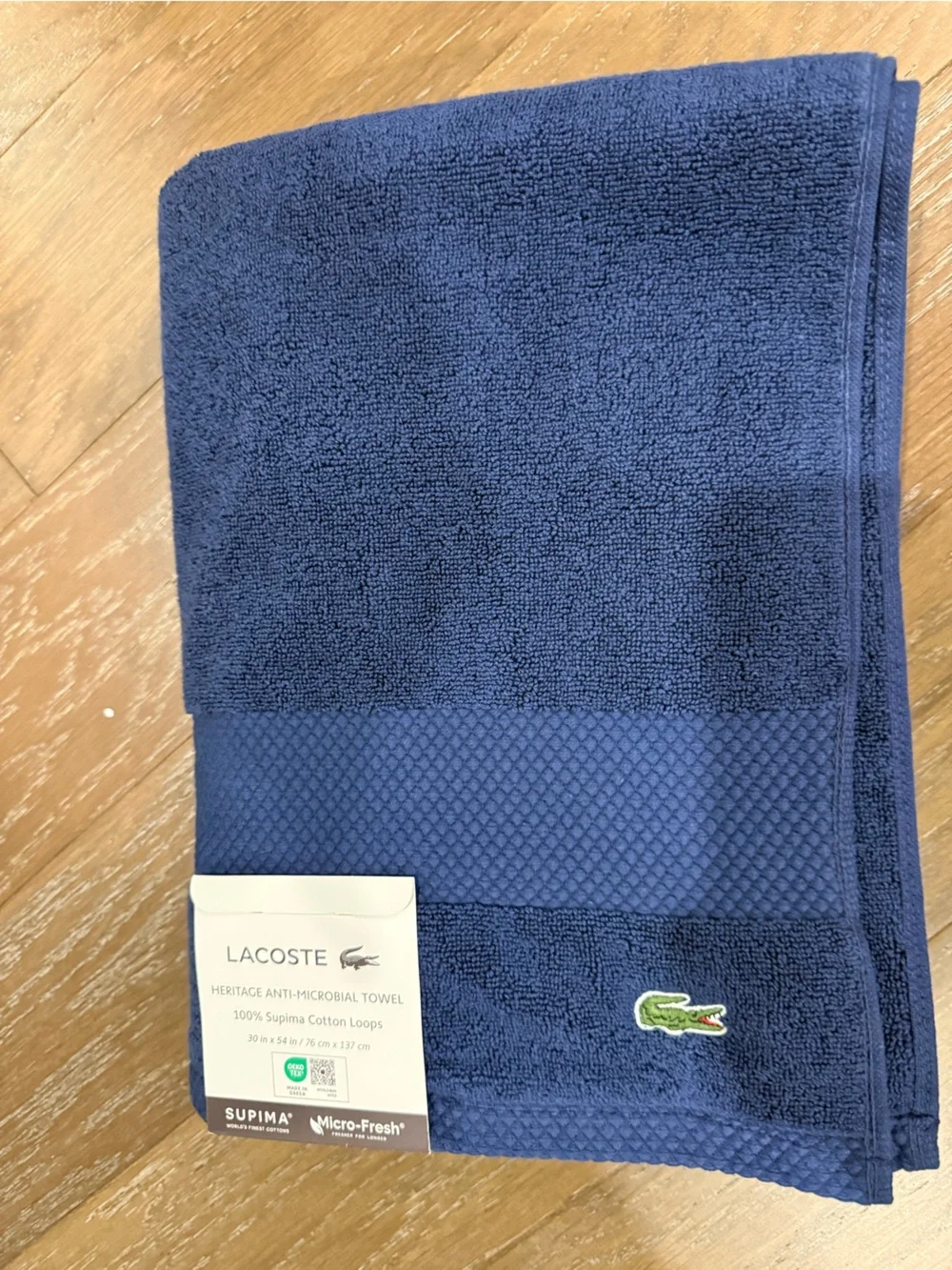 Lacoste Navy Blue Supima Cotton Heritage anti-bacterial Bath Towel